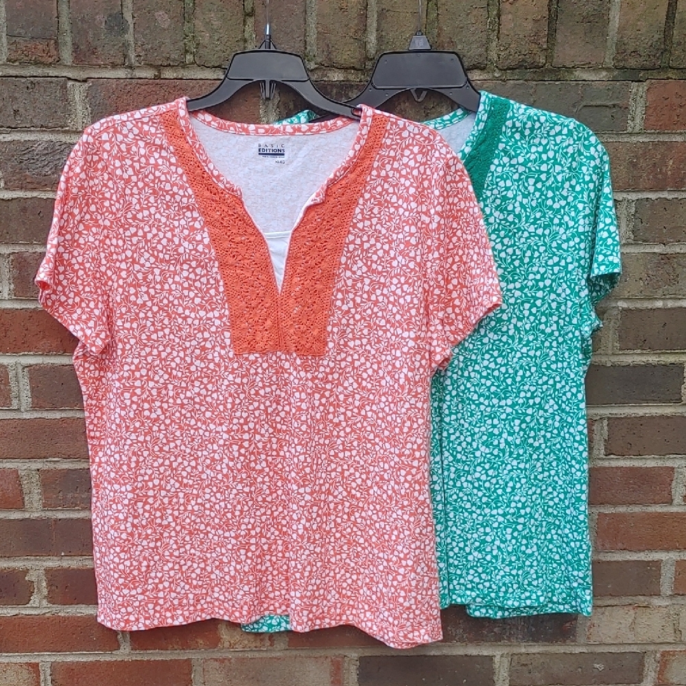 Basic Editions Set of 2 Split Neck Crocheted Tops Size XL